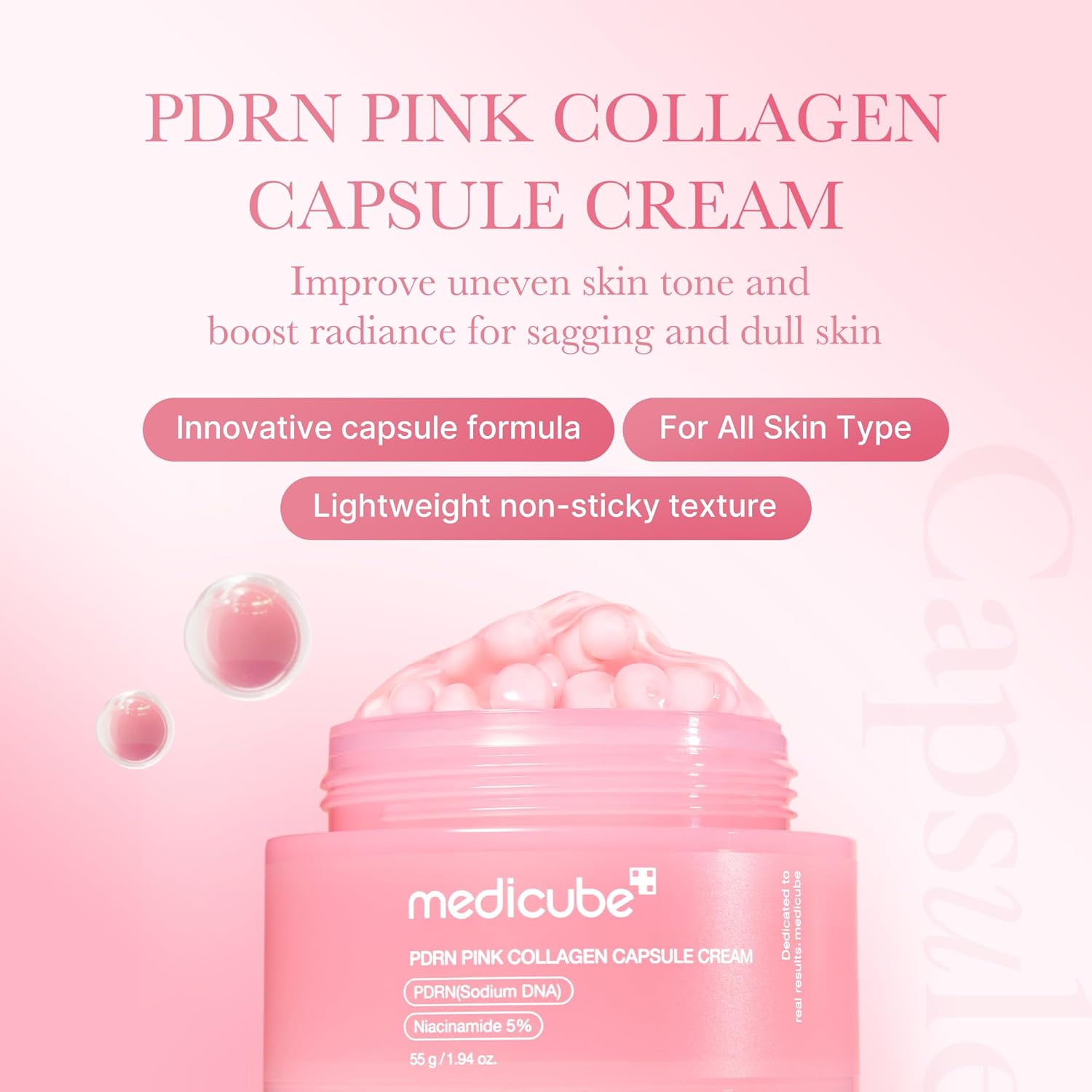 Medicube Salmon DNA PDRN Pink Collagen Cream — lightweight capsule cream with PDRN + niacinamide for glow, hydration, and even skin tone